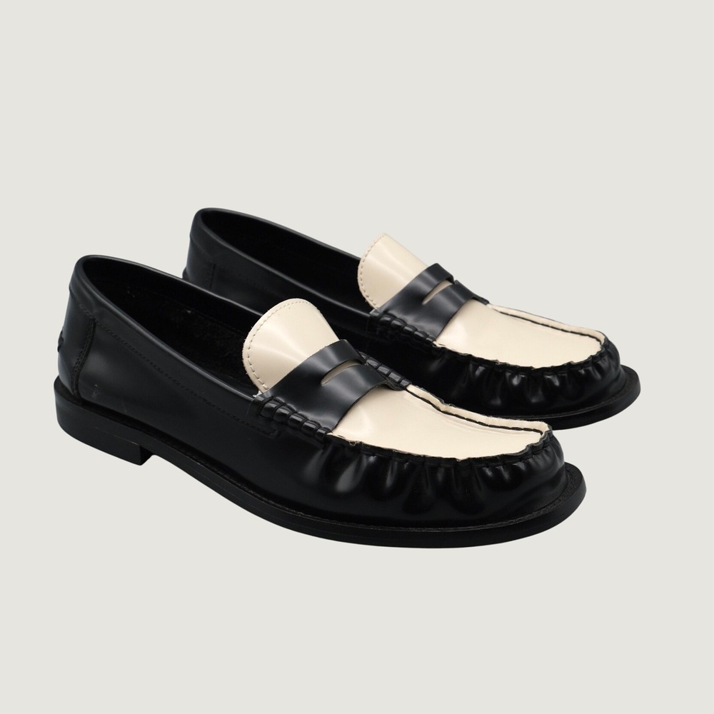 Mango Penny Loafers Women Black Cream Two Tone Preppy 39 Slip On
